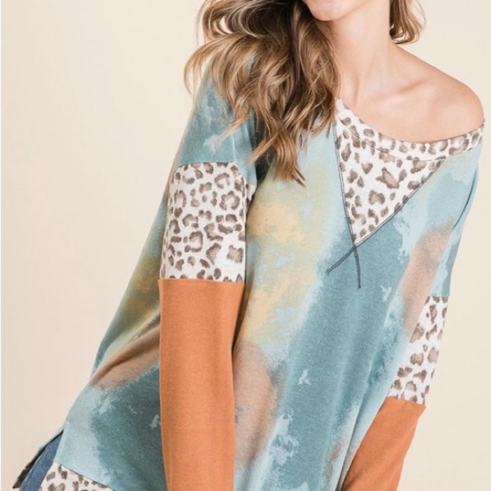 Tie-Dye Leopard Terry Round Neck Long Sleeve T-Shirt - Picture 5 of 6